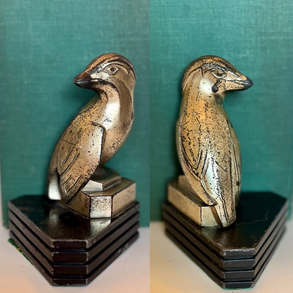 Art Deco Bookends Bird Kingfisher Penguin Vintage Brass Bronze Gilt Marble Stone